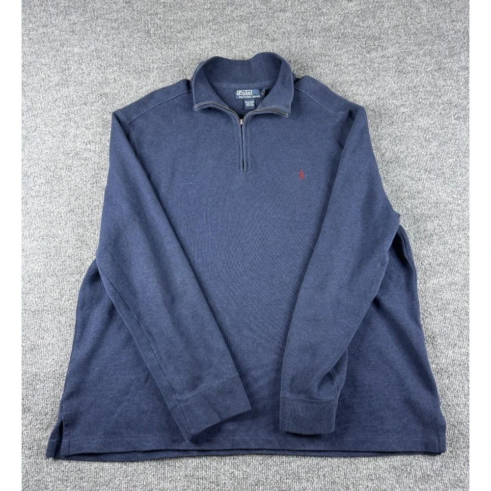VINTAGE Polo Ralph Lauren Sweater Mens XL Blue 1/4 Zip Pullover Mock Neck Cotton